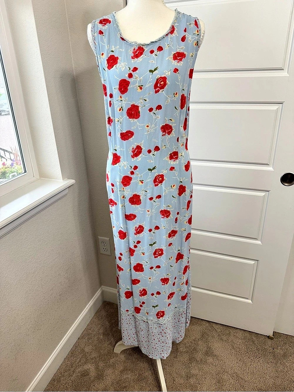 Vintage Floral Maxi Dress in Blue & Red Size XL Like New